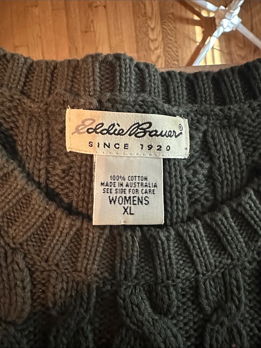 Eddie Bauer Olive Green Cable Knit Crewneck Sweater